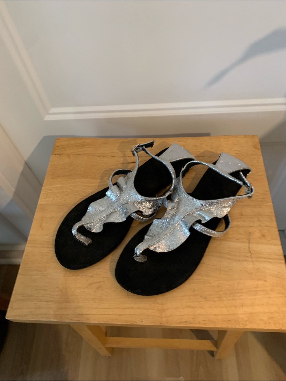 Women's Silver silver color Metallic T-Strap Sandals